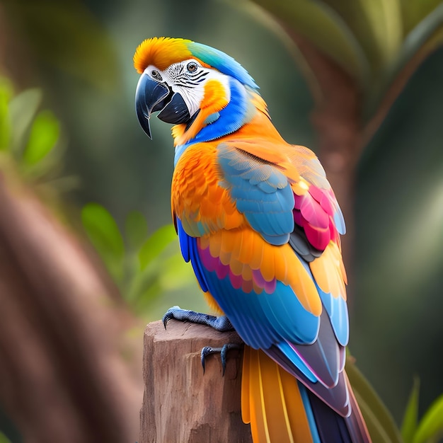 Zdjęcie kolorowa papuga siedzi na kłodzie z zielonymi liśćmi za nią