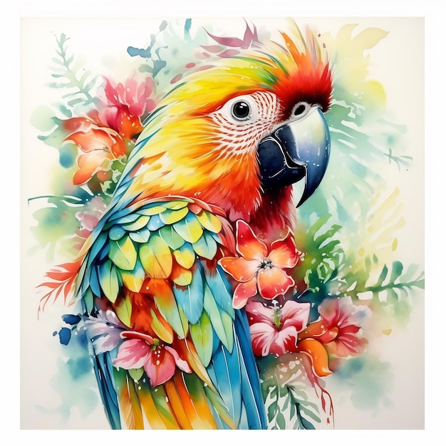kolorowa papuga stoi w ogrodzie z kwiatami i ptakiem