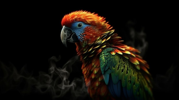 Kolorowa papuga w ogniu odizolowana na czarnym tleGenerative ai