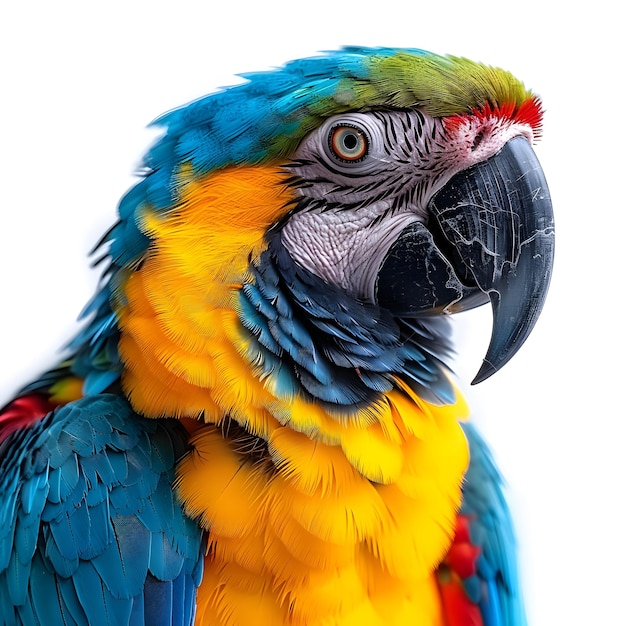 kolorowa papuga z czarnym dziobem i czerwonymi i żółtymi piórami