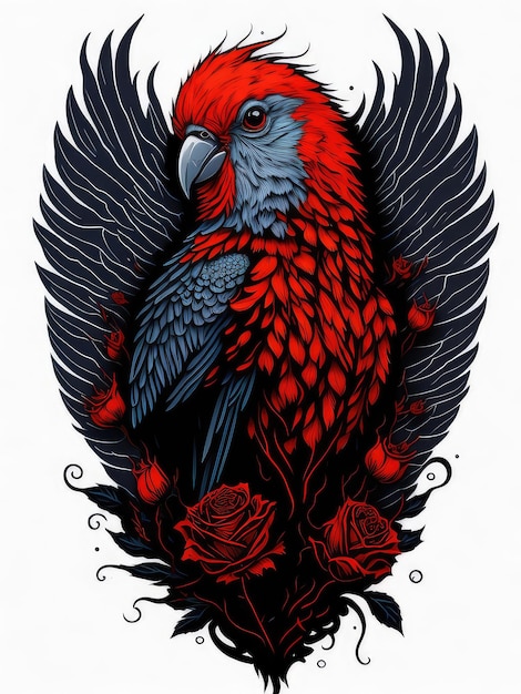 Kolorowa papuga z czerwonymi piórami i różami na grzbiecie
