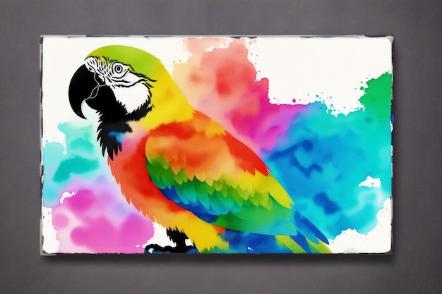 Zdjęcie kolorowa papuga z kolorowym tłem z napisem „ara”.
