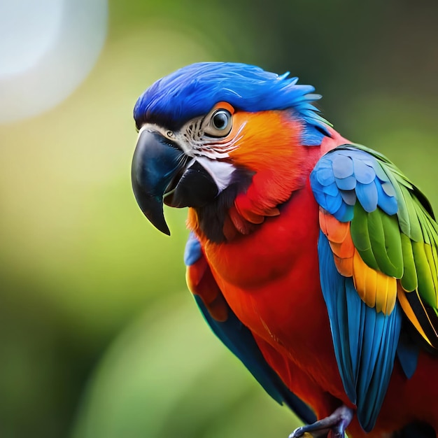 Kolorowa papuga z niebieskim dziobem siedzi na gałęzi.