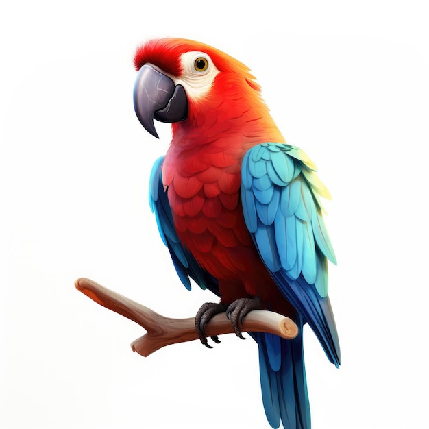 Kolorowa papuga Zabawne odizolowane arcydzieło w stylu Pixar na białym tle