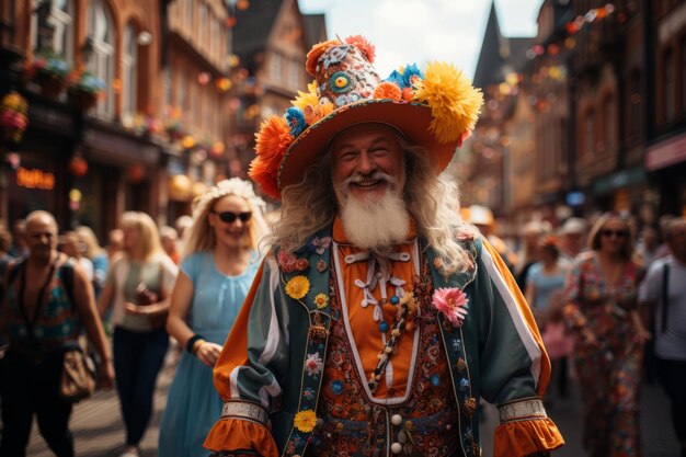 Zdjęcie kolorowa parada oktoberfestu z ozdobionymi pływakami generatywna sztuczna inteligencja