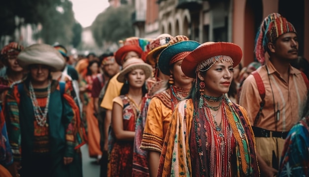 Kolorowa parada tradycyjnych strojów celebruje rdzenną kulturę stworzoną przez sztuczną inteligencję