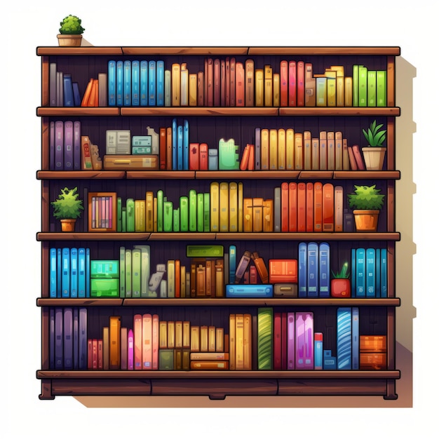 Kolorowa półka na książki z książkami i roślinami w stylu artystycznym gry 2D