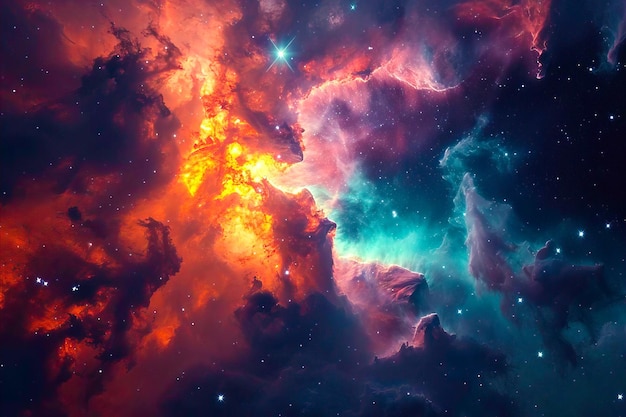 Kolorowa przestrzeń wypełniona gwiazdami i chmurami