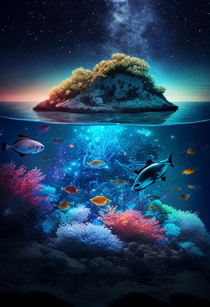 Kolorowa rafa koralowa i ryby Czysta scena podwodnego świata Stworzona przy użyciu technologii Generative AI