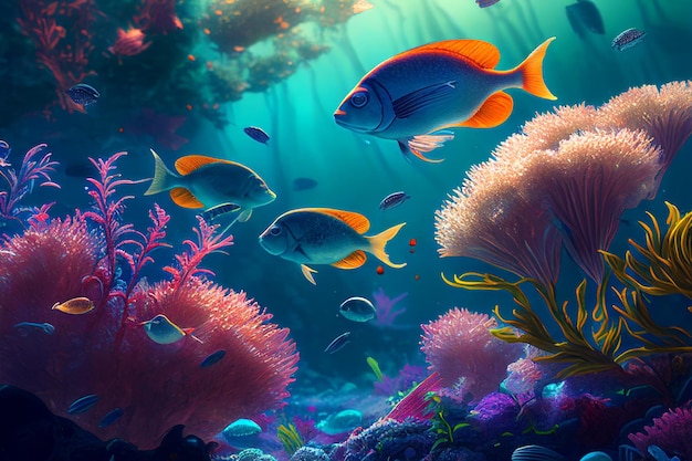Kolorowa rafa koralowa i ryby Czysta scena podwodnego świata Stworzona przy użyciu technologii Generative AI