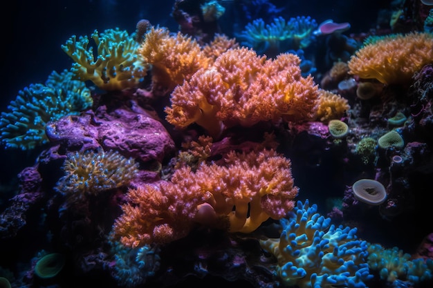 Kolorowa rafa koralowa z niebieskim tłem i fioletowym tłem.