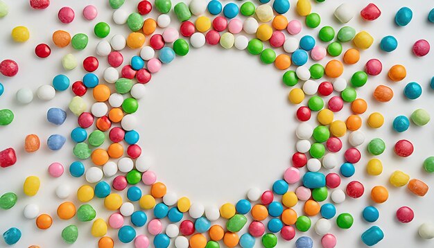 Kolorowa ramka wielokolorowych cukierków okrągłych cukierków rozrzuconych na białym tle