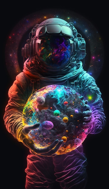 Kolorowa reprodukcja grafiki kosmicznej przedstawiająca astronautę trzymającego planetę.