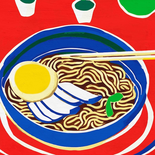 Kolorowa retro ilustracja zupy Ramen japońska sztuka miłośnika jedzenia