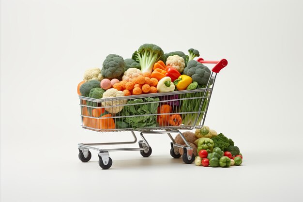 Kolorowa różnorodność świeżych owoców i warzyw w wózku zakupowym supermarketu