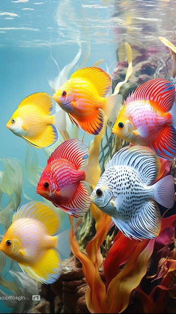 kolorowa ryba z niebieskim tłem i ryba w czerwono-białe paski.