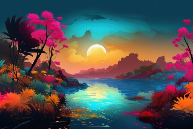 Kolorowa rzeka krajobrazowa Letni wschód słońca Generuj AI