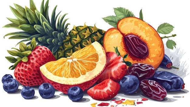 Zdjęcie kolorowa sałatka owocowa z truskawkami, jagodami, pomarańczami i ananasem.