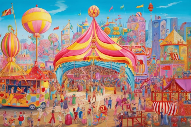 Kolorowa scena cyrkowa z dużym namiotem i dużym tłumem.