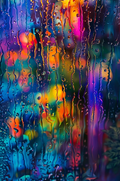 Kolorowa scena miasta z kropelami deszczu na oknie