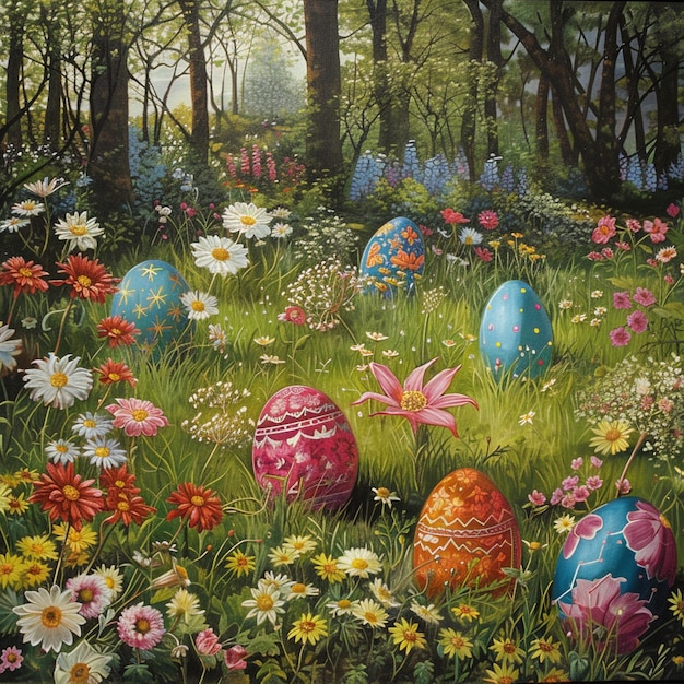 Kolorowa scena polowań na jaja wielkanocne na polu kwiatowym