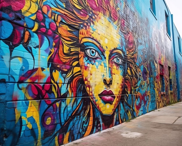 Kolorowa ściana z namalowaną twarzą kobiety.