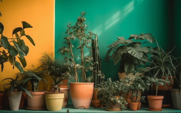 Kolorowa ściana z roślinami pokojowymi jako sztuczna inteligencja do generowania wystroju