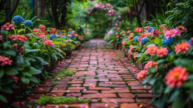 Kolorowa ścieżka z cegły wyłożona kwiatami