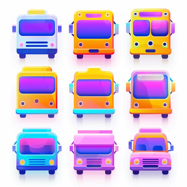 kolorowa seria autobusów kreskówkowych o różnych kolorach