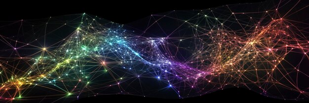 Zdjęcie kolorowa sieć danych i elementy połączenia na czarnym tle generative ai