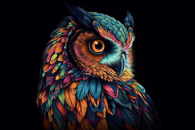 kolorowa sowa z kolorowymi oczami na czarnym tle ilustracji sztuki cyfrowej
