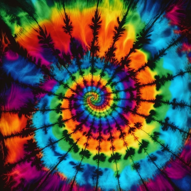 Kolorowa spirala tie dye z drzewami w tle.