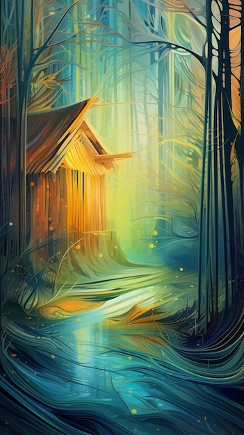 Kolorowa surrealistyczna chatka w lesie