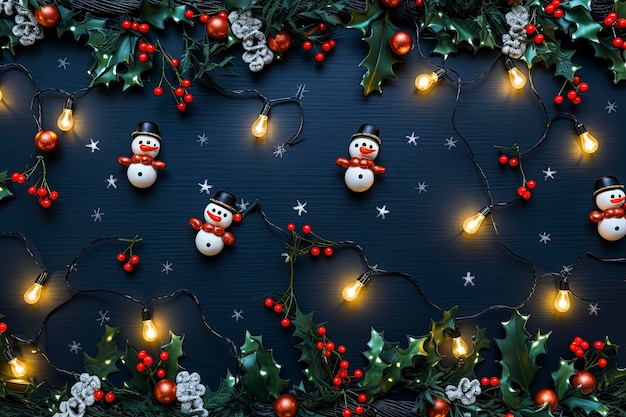 kolorowa świąteczna ramka z bałwanem z jemioły i małymi lampkami na granatowym tle tumblr