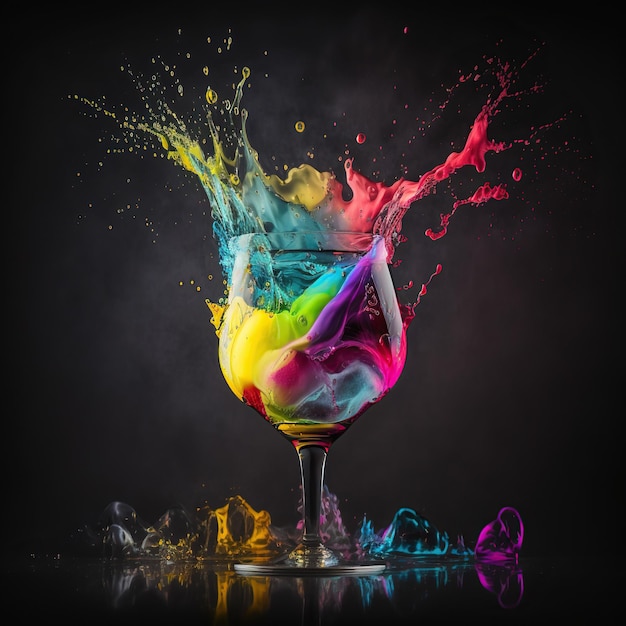 Kolorowa szklanka płynu jest wypełniona płynem, a słowo „farba” znajduje się na czarnym tle.