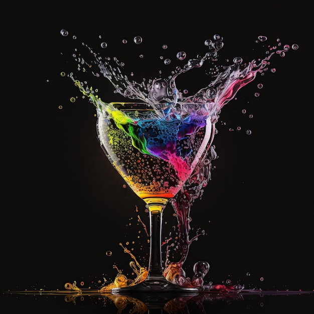 Kolorowa szklanka płynu jest wypełniona płynem, a słowo „napój” znajduje się na czarnym tle.