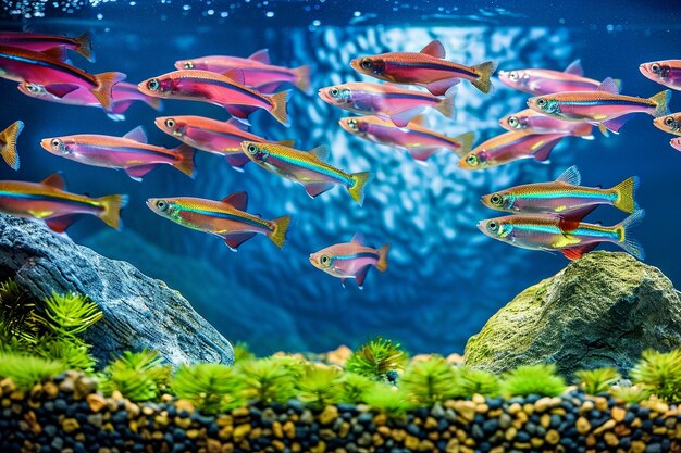 Kolorowa szkoła ryb tęczowych w akwarium słodkowodnym
