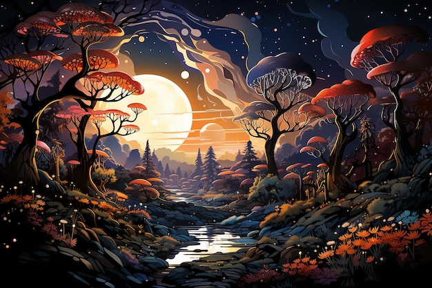 Kolorowa sztuka wektorowa magicznego lasu zamieszkanego przez sztuczną inteligencję