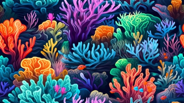 Kolorowa tapeta przedstawiająca rafę koralową z pływającą w wodzie rybką.