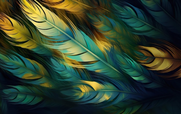 Kolorowa tapeta w kształcie ptaka z niebieskimi i żółtymi piórami.