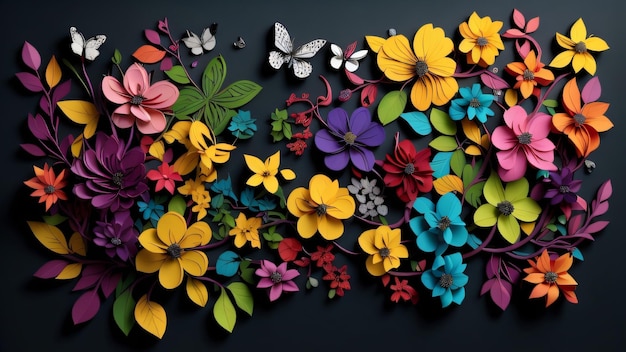 Kolorowa tapeta w kwiaty z czarnym tłem i motylem.