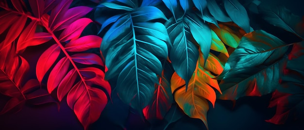 Kolorowa tapeta z bukietem kolorowych tropikalnych liści.