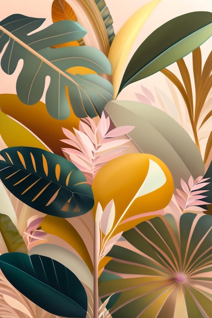 Kolorowa tapeta z motywem tropikalnych liści.