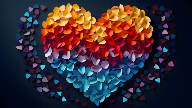 Kolorowa tęcza Serce ułożone małymi kolorowymi kartkami na ciemnym tle Serce jako symbol uczuć i miłości