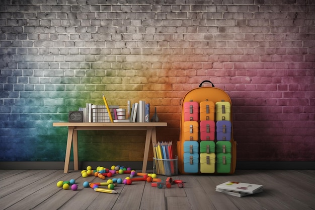Kolorowa torba szkolna leży na podłodze obok biurka z książkami i książkami.