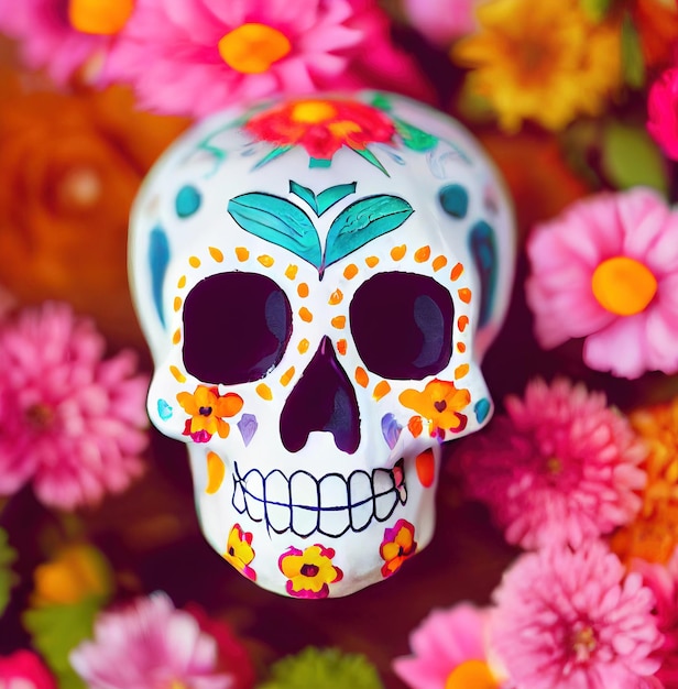 Kolorowa tradycyjna cukrowa czaszka Calavera ozdobiona kwiatami na dzień zmarłych dia de los muertos