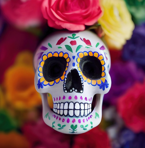 Kolorowa tradycyjna cukrowa czaszka Calavera ozdobiona kwiatami na dzień zmarłych dia de los muertos