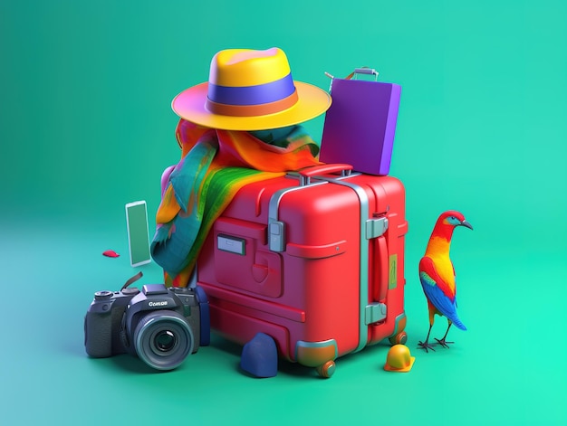 Kolorowa walizka z fioletowym kapeluszem i fioletową walizką na wierzchu.