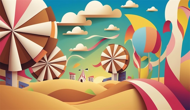 Kolorowa wycięta z papieru ilustracja sceny na plaży z wiatrakiem i kolorowym niebem.