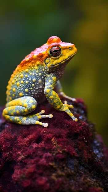 Kolorowa żaba siedzi na skale.